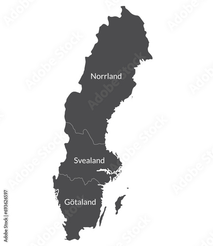 Sweden map. Map of Sweden divided into three main regions in grey color, Gotaland, Svealand and Norrland