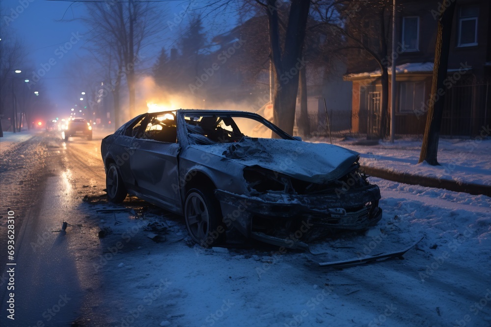 Severe Snowstorm Causes Evening Traffic Accident in Russian City. Two Cars Collide