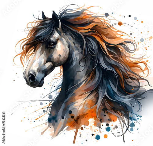 Horse head. Stallion. Portrait. Watercolor paint. Isolated illustration on a white background. Banner. Close-up. Generative AI