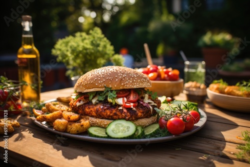 A chicken burger in a summer barbecue in the backyard., generative IA