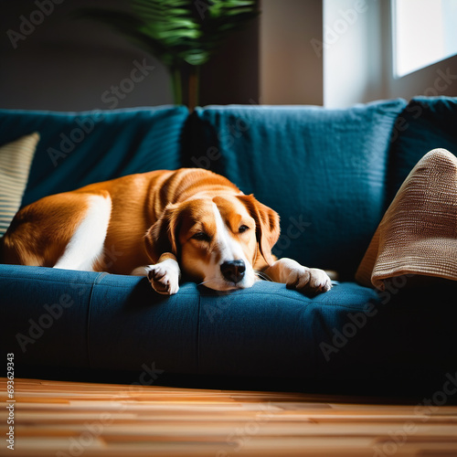 A beautiful dog is lying on the sofa