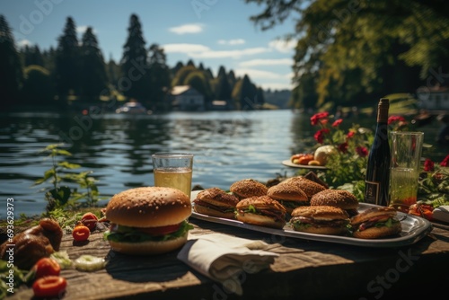 A turkey hamburger in a picnic next to a serene lake with swans., generative IA