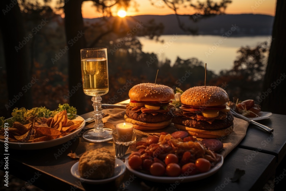 A double hamburger in a fall picnic with stunning view., generative IA
