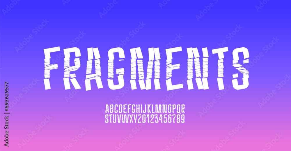 Crushed broken condensed font, narrow cracked alphabet, fragmented fragile letters and numbers, vector illustration 10EPS Crushed broken condensed font, narrow cracked alphabet, fragmented fragile letters and numbers, vector illustration 10EPS
