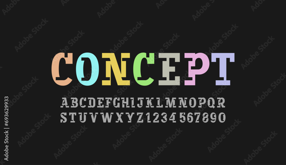 Fototapeta premium Slab serif font alphabet, cutting letters block from A - Z and numbers from 0 - 9, vector illustration 10EPS