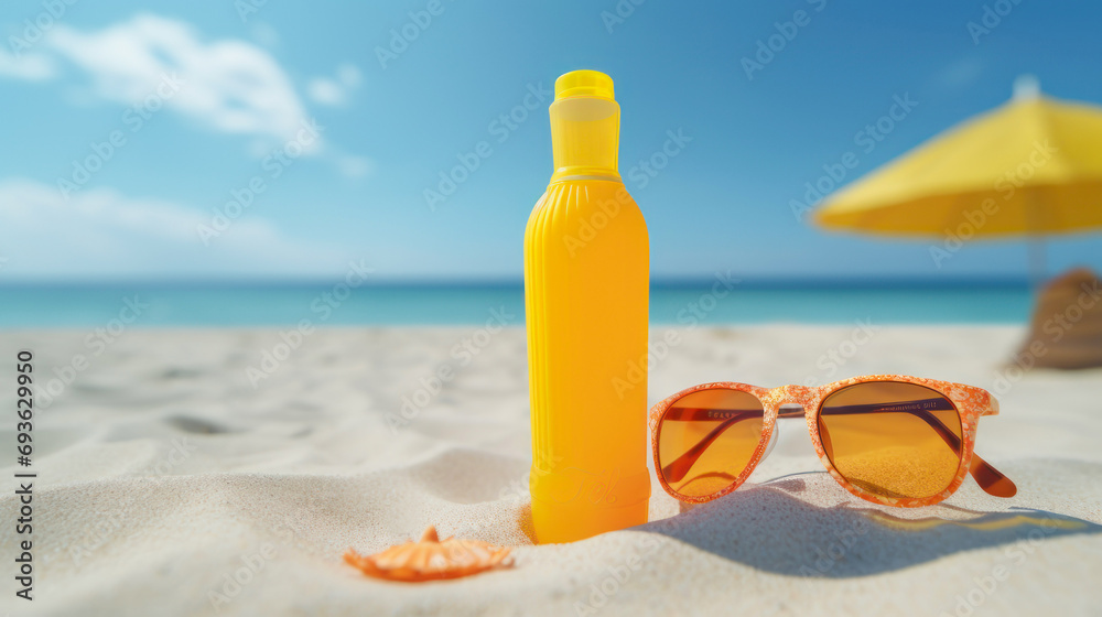 A jar of sunscreen stands on a sandy beach
