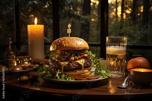 A gourmet hamburger with truffles in a cafe on the edge of a forest with tall trees., generative IA