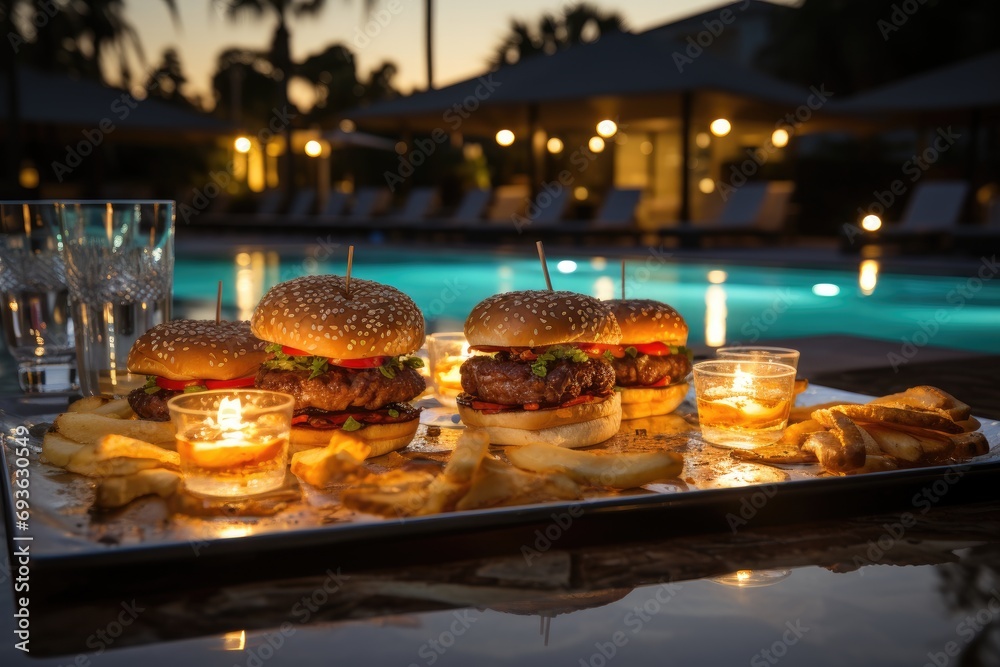 A triple hamburger at a summer party with pool and waterslide., generative IA