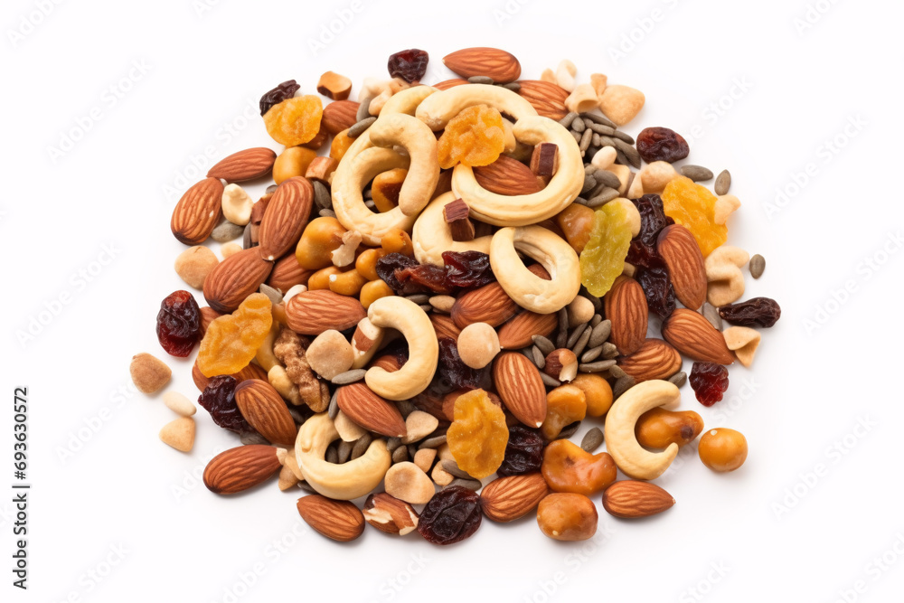 Obraz premium A quantity of homemade granola containing nuts and pretzels set against a white background.