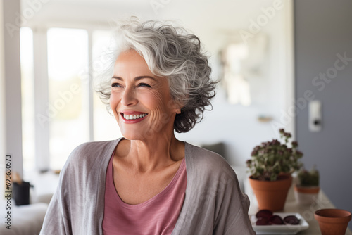 A beautiful happy and smiling mature female in loungewear photo
