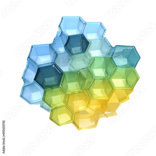 Yellow, green and blue abstract honeycomb structure isolated on transparent background
