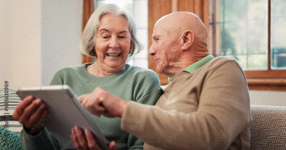 Senior couple, tablet and laughing in home while reading news, social media post and ebook app. Happy old man, woman and relax on sofa to scroll digital blog, online shopping and funny meme in lounge Senior couple, tablet and laughing in home while reading news, social media post and ebook app. Happy old man, woman and relax on sofa to scroll digital blog, online shopping and funny meme in lounge