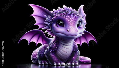 Cute lilac baby dragon. Cartoon character purple dragon. Funny Fantasy monster with wings and big eyes. Fairy-tale hero. Children book. Illustration of tales. Toy design. Print. Copy space. on black