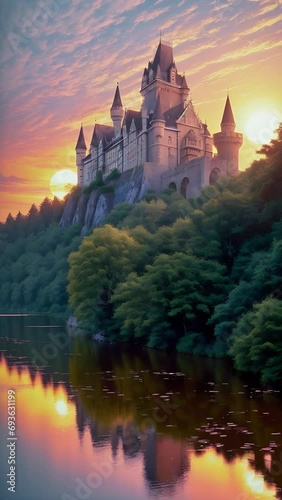 Wallpaper Mural ancient castle on the top of a mountain with a forest around and a river. Landscape of architecture on a sunny day Torontodigital.ca