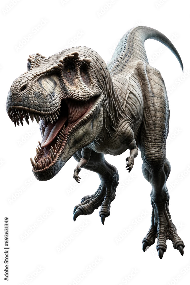 A lifelike 3D render of a Tyrannosaurus Rex, mid-roar, showcasing intricate details of its fearsome visage and powerful stance, isolated A lifelike 3D render of a Tyrannosaurus Rex, mid-roar, showcasing intricate details of its fearsome visage and powerful stance, isolated