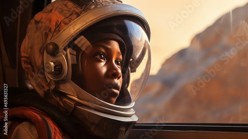 Portrait of an african children wearing a spacesuit looking through the window on mars