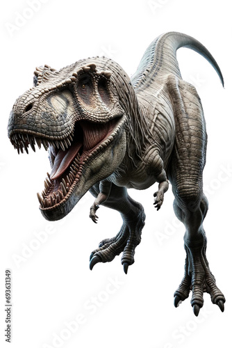 A lifelike 3D render of a Tyrannosaurus Rex, mid-roar, showcasing intricate details of its fearsome visage and powerful stance, isolated © marie