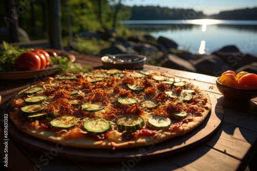 A zucchini pizza served on a terrace overlooking a quiet lake., generative IA