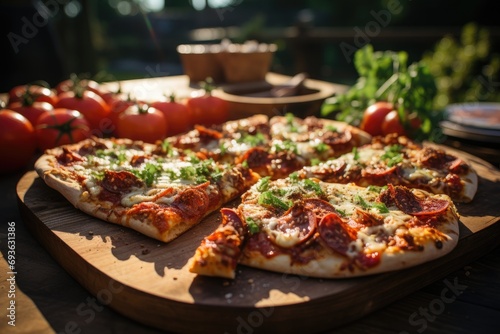 A garlic pizza at a picnic table during an outdoor concert., generative IA