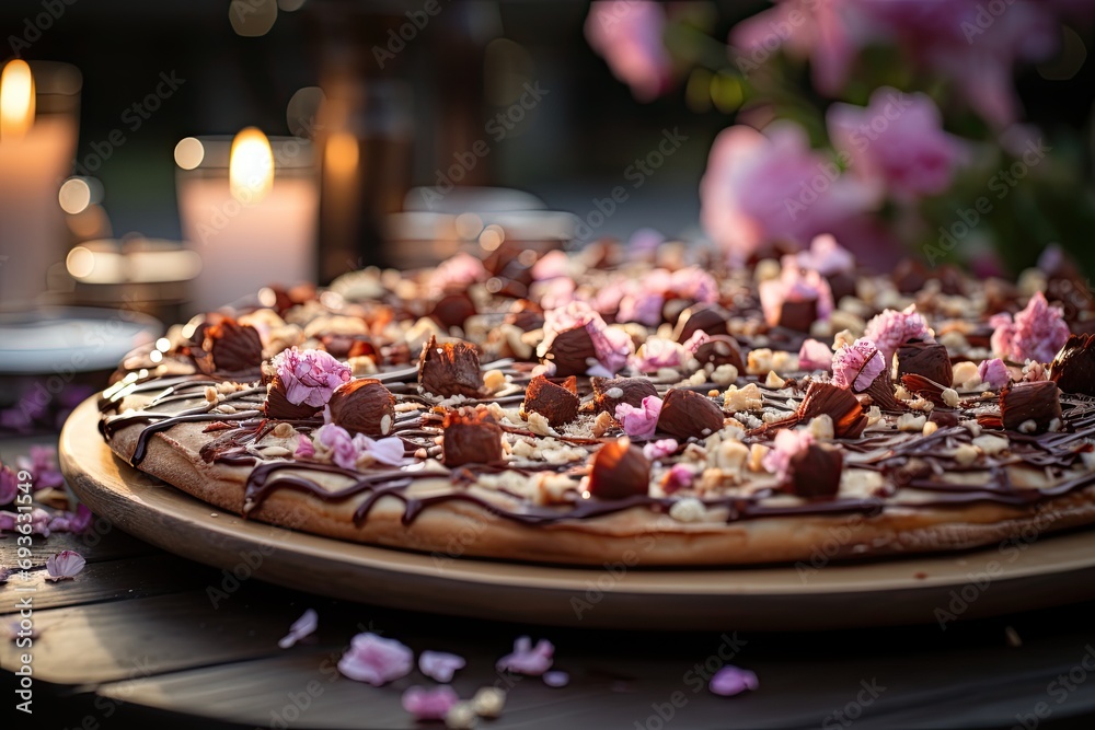 A chocolate cake pizza at a spring party with fresh flowers., generative IA