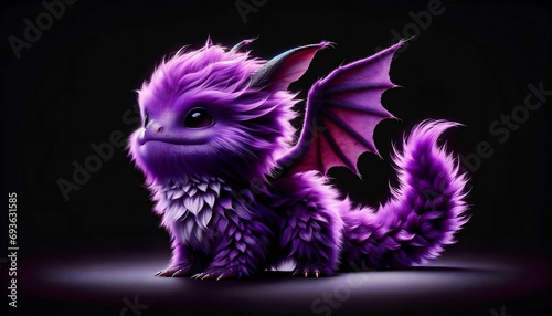 Cute lilac baby dragon. Cartoon character fluffy purple dragon. Funny Fantasy monster with wings and big eyes. Fairy-tale hero. Children book. Illustration of tales. Toy design. Print. Copy space