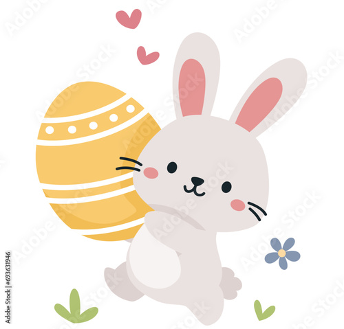 Flat vector illustration. Cute bunny running with Easter egg . Vector illustration