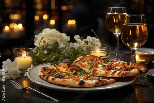 A pizza of Br  l  e cream in a sophisticated restaurant with elegant waiters.  generative IA