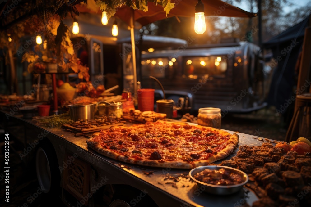 An apple cruble pizza at an fall fair with old wagons., generative IA