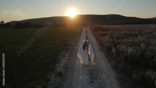 angel at sunset. a beautiful young girl with wings walks through a pink field at sunset photo