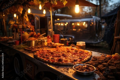 An apple cruble pizza at an fall fair with old wagons.  generative IA