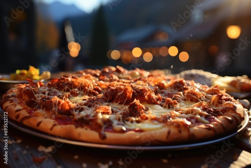An apple cruble pizza at a mountainous autumn fair in the background., generative IA