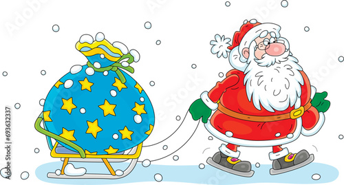 On the snowy night before Christmas funny Santa Claus pulling his sledge with a big magical bag of winter holiday gifts for little kids, vector cartoon illustration isolated on a white background