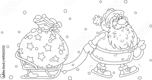 On the snowy night before Christmas funny Santa Claus pulling his sledge with a big magical bag of winter holiday gifts for little kids, black and white outline vector cartoon illustration for a color