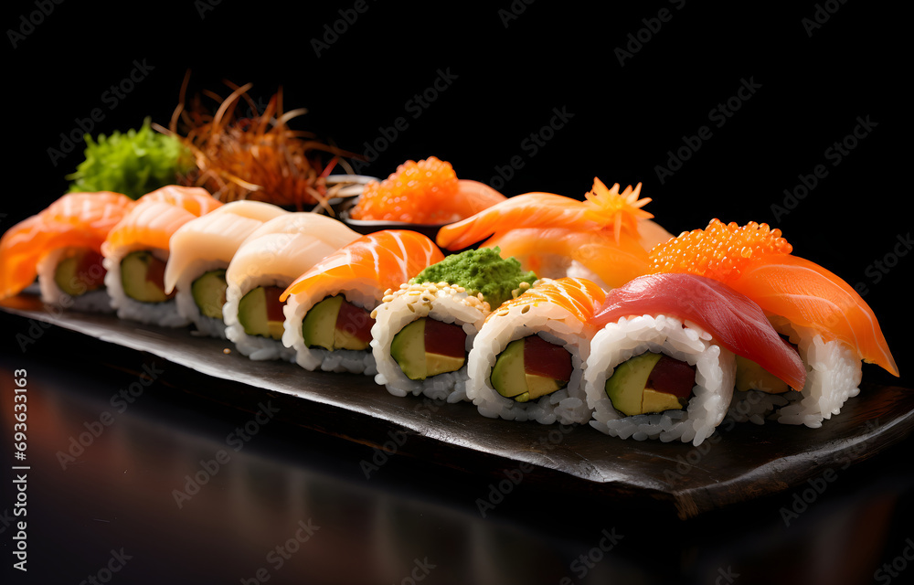 set of sushi on grey snowy background top view set of sushi on grey snowy background top view