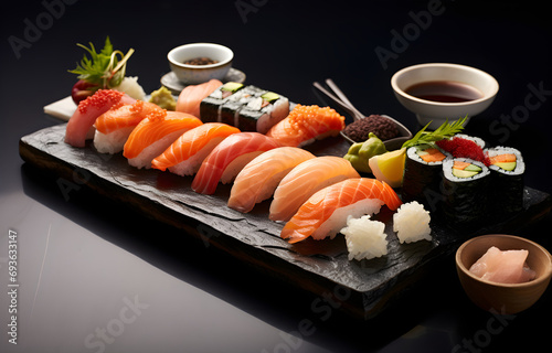 set of sushi on grey snowy background top view