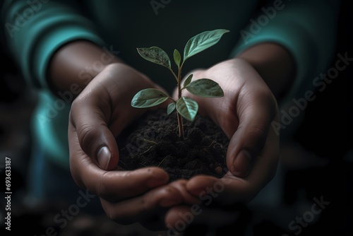 Hands holding sapling in soil on black generated ai 