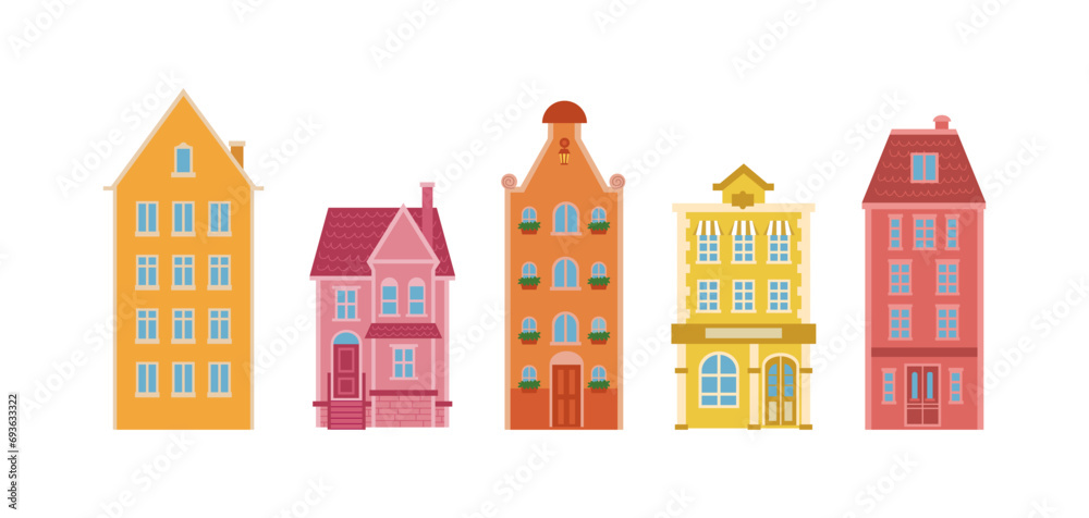 Various Scandinavian Small and tiny houses. White walls, black windows. Colorful roofs. Different facades. Nordic style. Hand drawn Vector set. Every building is isolated. European town in flat style