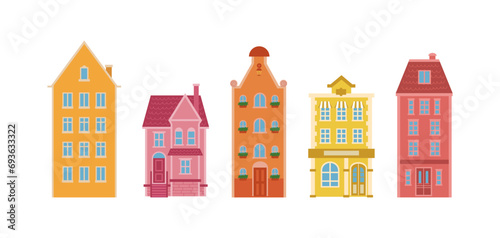 Various Scandinavian Small and tiny houses. White walls, black windows. Colorful roofs. Different facades. Nordic style. Hand drawn Vector set. Every building is isolated. European town in flat style