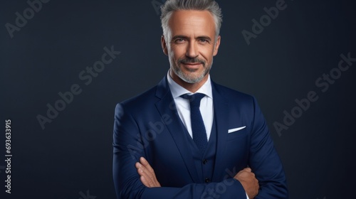 Happy proud mid aged mature professional business man ceo executive wearing suit standing with arms crossed looking at camera thinking of success, leadership, corporate growth concept.