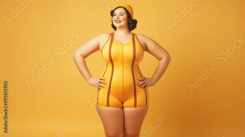 Body positivity plus size model posing in studio. Retro swimsuit and hut .  photo
