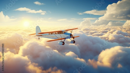 The plane against the blue sunset sky. The setting sun. Sunset.