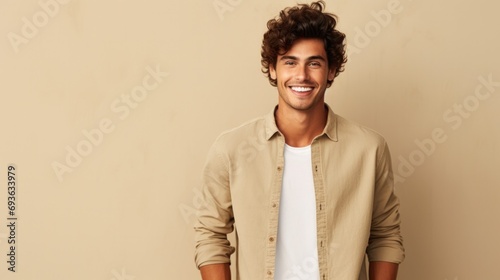 Attractive photo of charming cheerful positive young man hold hands pockets isolated on beige color background