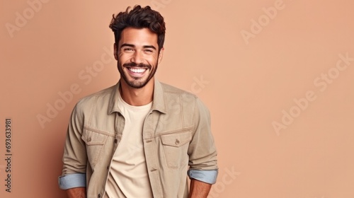 Positive young brunette male in beige t shirt looking at camera  with smile while standing against peanch background  photo