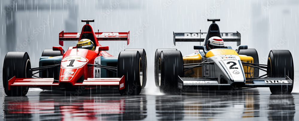 Naklejka premium Racing car at high speed in the rain. Racer on a racing car passes the track. Motor sports competitive team racing. Cars racing on the track. Motion blur background.