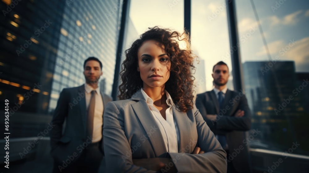 Successful businesswoman standing front creative office and looking at camera. Woman entrepreneur outside, skyscraper . Portrait of beautiful business woman standing in front of business team Successful businesswoman standing front creative office and looking at camera. Woman entrepreneur outside, skyscraper . Portrait of beautiful business woman standing in front of business team