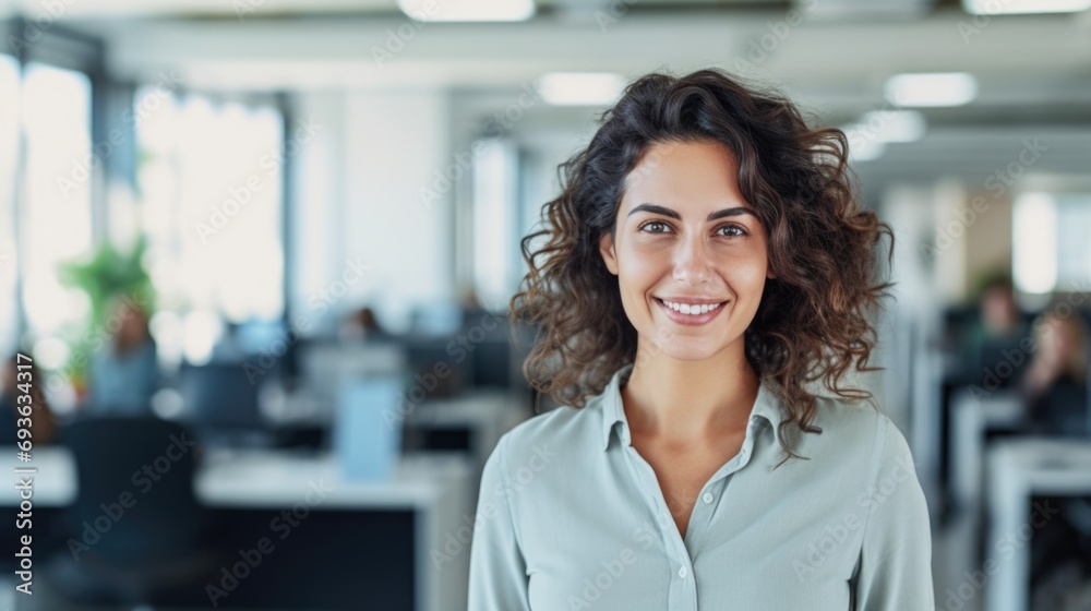 Fototapeta premium Portrait of young businesswoman wearing shirt and standing outside conference room. Portrait of happy business lady wearing spectacles and looking at camera with copy space. Satisfied proud female.