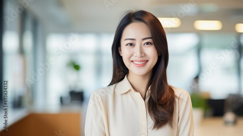 Successful entrepreneur standing in creative office and looking at camera while smiling. Portrait of beautiful Asian woman standing in front of business team at modern agency with copy space.