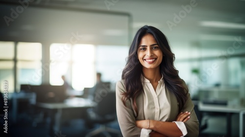 Foto Portrait of indian businesswoman wearing shirt and standing outside conference room