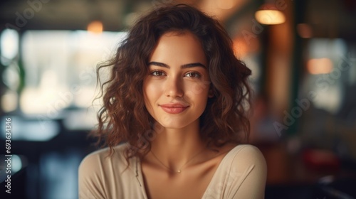 Portrait of beautiful mature woman sitting in cafeteria looking away. Cheerful mature woman wearing  casual . Happy woman relaxing at cafe and smiling
