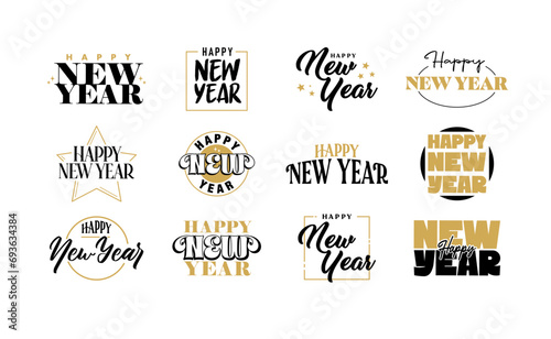Happy new year lettering card. Gold and black.